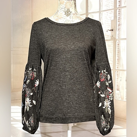 🛍️HARLOW & ROSE Gray embroidered balloon sleeve blouse size S. - Picture 2 of 12
